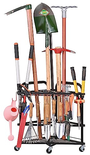 PLKOW Gartenwerkzeug-Organizer mit Rollen und Aufbewahrungshaken, Rollende Ecke, Werkzeug-Aufbewahrungsregal für Garten, Schuppen, Garage, pulverbeschichteter Stahl, Schwarz