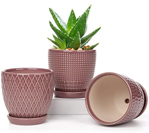 Oairse Blumentopf Keramik Pflanztöpfe 3 Set runde, Succulent Topf kleine mit Ablaufloch und Keramikschale für Sukkulenten Kaktus Indoor Outdoor Garten Home Fensterbank Durchmesser 11,2cm