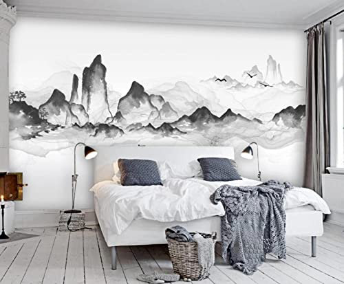 ZXCHEE Fototapete Abstrakte Schwarz Weiße Berge Mit Fliegenden Vögeln 350x245cm Tapete Kinderzimmer Vliestapete Wohnzimmer Schlafzimmer Wandtapete Deco
