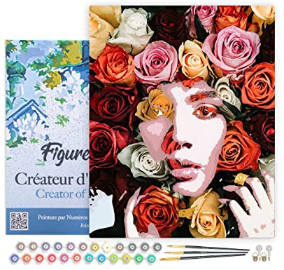 Figured'Art Peinture par Numéro Adulte avec Cadre Visage de roses - Activité Manuelle Kit de Loisir Créatif DIY Numéro d'Art Complet - 40x50cm toile tendue sur châssis