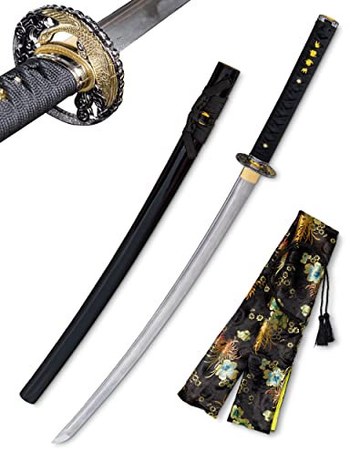 Profi Katana Schwert Echt Scharf Damaststahl 8000 Lagen oder 1060 Stahl Handgeschmiedetes für das Schneidtraining (R359Schwarz)