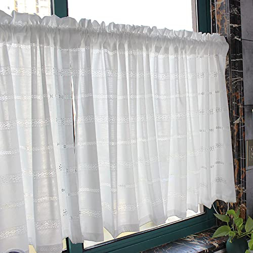 Spitze Kurzstore Gardine, Unifarbige Halbtransparent Scheibengardine Durchstangenzug Landhausstil Bistrogardinen Fensterdekoration Fenstervorhang für Café Bistro, 1 Stück-Weiß-100x170cm(39x67in)