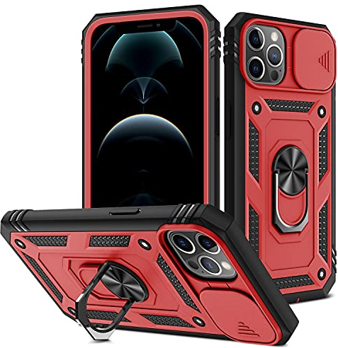 AFARER 12 Pro Max Hülle, Kameraschutz Rüstung Duale Schichte Gehäuse mit 360 Grad Ring Ständer und magnetisches Eisenblech Kompatibel mit iPhone 12 Pro Max Rot