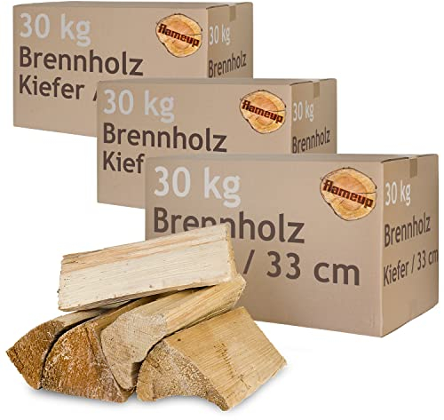 Madera de Pino Leña Madera 5-500 kg para Estufa y Chimenea Brasero Parrilla Cesta de Fuego Troncos de 33 cm Flameup, Cantidad:90 kg