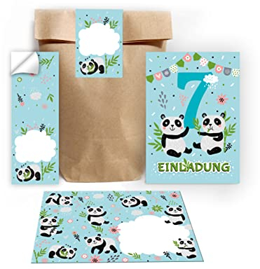 12 Einladungskarten zum 7. Kindergeburtstag siebte Geburtstag Mädchen Jungen Panda incl. 12 Umschläge, 12 Tüten/natur, 12 Aufkleber