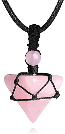 QINJIEJIE Men's Rose Quartz Necklace Healing Crystal Stone Woven Rope Wrapped Reiki Pyramid Pendant Pointed Crystal Stone Necklace Jewelry Gift.