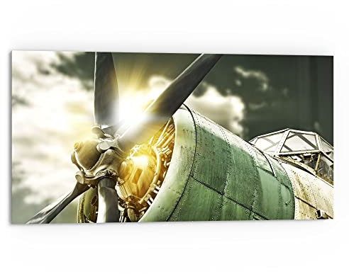 DEQORI Küchenrückwand Glas | Motiv Propellerflugzeug nah | 80x40 cm | Bad- oder Herd-Rückwand | Herdblende Spritzschutz für Küche & Badezimmer | Moderne Deko für Fliesenspiegel