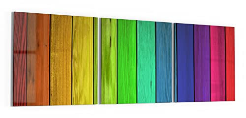 DEQORI Glasbilder Acrylglas | Motiv Farbige Holzlatten | horizontal 3-teilig 150x50 cm | große XXL Deko | Wandbilder für Wohnzimmer, Schlafzimmer, Flur & Küche | moderne Wanddeko
