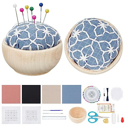 WEBEEDY DIY 4 Sets Sashiko Nadelkissen mit Holzsockel Japanischer traditioneller Stil Nadelhalter Stickerei Nähset für DIY Heimgebrauch