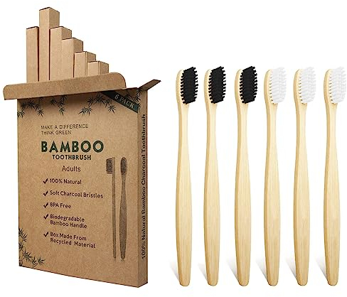 Jinpojun Bambus Zahnbürsten, [6 Stück] Nano Zahnbürste aus Bambus BPA Frei, Natürliches Holzzahnbürste, Unabhängige Verpackung, Biologisch Abbaubare & Kompostierbare (Schwarz und weiß)