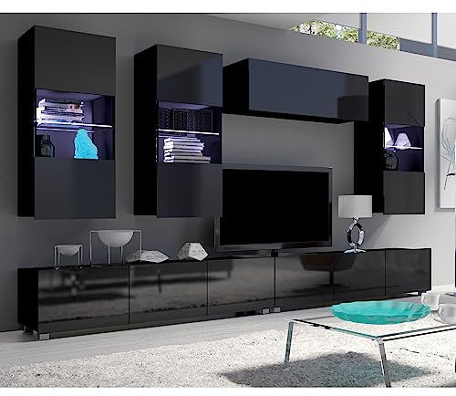 Lomadox Wohnwand Anbauwand schwarz Hochglanz 6-teilig Modern, mit 2 TV-Lowboards, 3 Hängevitrinen, 1 Stauraumschrank