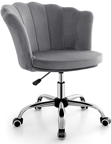 COSTWAY Fauteuil de Bureau en Velours avec 5 Roues Universelles, Chaise de Coiffeuse avec Hauteur Réglable, Chaise Salon Rembourrée Pivotante, Forme de Coquillage, pour Salon, Chambre, Bureau (Gris)