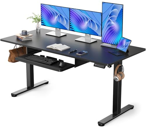 ErGear Standing Desk with Large Keyboard Tray, 160 x 70 cm Height Adjustable Electric Standing Desk Sit Stand Desk with 3 Memory Smart Pannel, Home Office Computer Desk, Black