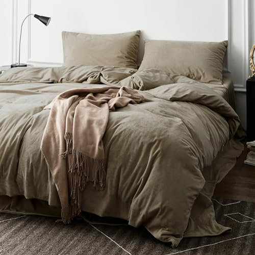 Omela 4 Teilig Warm Fleece Winter Bettwäsche 135x200 Taupe Cashmere Touch Plüsch Bettbezug mit Kopfkissenbezug 80x80 cm Flauschig Coral Fleece Microfaser Winterbettwäsche Set Reißverschluss