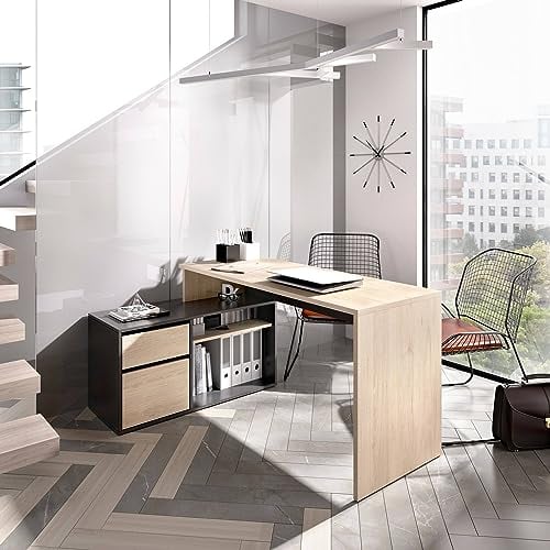 Dmora Scrivania Gardena, Scrittoio Multiposizione da Ufficio o cameretta, Tavolo da Studio angolare Multiuso, 139x92h75 cm, Rovere e Antracite