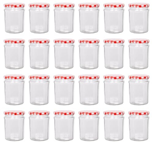 Argon Tableware 24x 450ml Marmeladengläser mit Rote Gingham Deckel - Leer Schraubenkopf Küche Essen Honig Würzen Konservieren Einmachen Lagerung Glas-Set