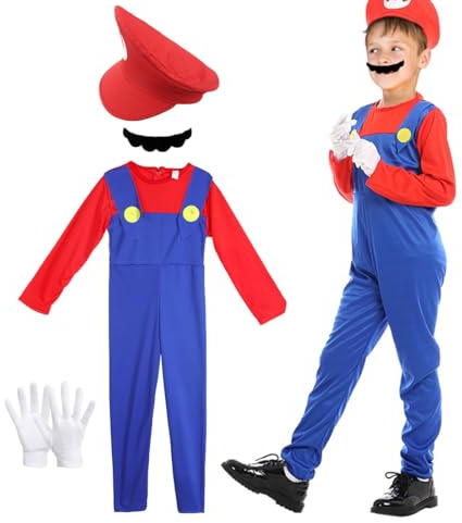 Costumi da idraulico Super Brothers, Cosplay Costume Super Brothers Bambini, con Tuta, Cappelli e Baffi, Costume Classico di Carnevale Cosplay di Halloween, Feste di Carnevale per Ragazzi Ragazze (S)