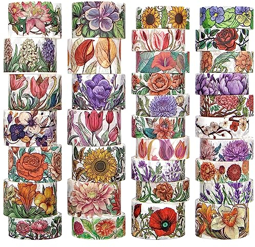 Blumen Washi Tape Set, 34 Rollen Floral Tapes für Journaling Supplies, 25mm und 15mm Flower Breites Dekoband für Bastelarbeiten, Geschenkverpackungen (Rose, Sonnenblume, Lavendel)