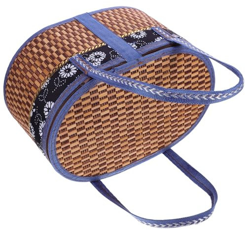 HOLIDYOYO Bamboo Basket with Lid Woodchip Woven Storage Basket Empty Wicker Basket Rattan Egg Container Organizer Bins Dessert Box with 2 Swing Handles for Biscuit Fruit