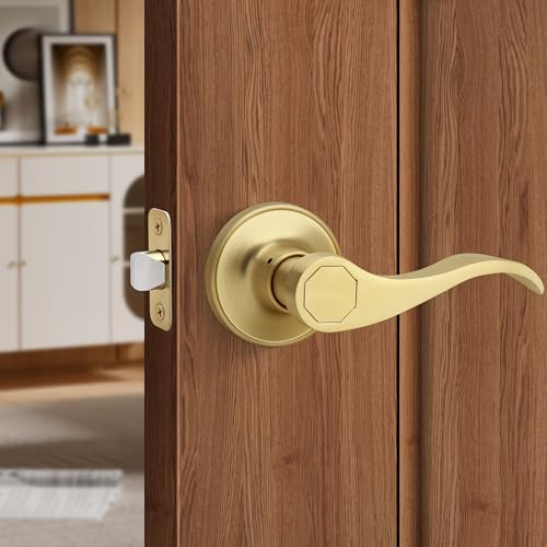 Moquin Türgriff mit Wellendesign, ohne Schlüssel und Schloss, wendbarer Türgriff für rechts/linke Seite Schrank/Flur-Türschloss in satiniertem Messing-Finish
