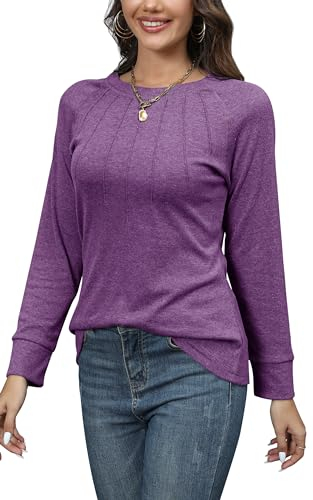 SUPERSUN Ladies Going Out Tops Long Sleeve Blouse Womens Italian Pleated Tunic Simple Baggy Tee T Shirts Crewneck Knit Cuffs Comfy Spring Clothing Purple Size L UK 14 16