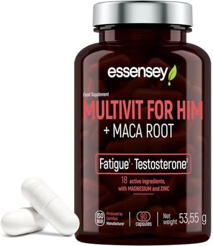 ESSENSEY - Multivitamine für den Mann I Stärkung der Widerstandskraft I 90 Kapseln I 18 Wirkstoffe I MACA 100 mg I Magnesium, Zink, L-Arginin, Taurin und D-Aspartat I Leicht zu schlucken