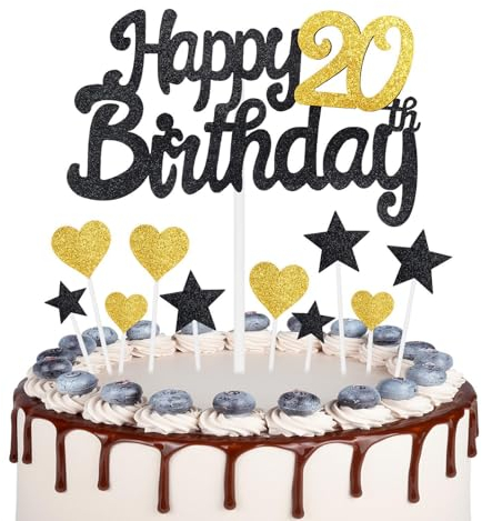 Gold Black 20th Birthday Cake Topper, Girls 20th Birthday Decorations, Gold Heart Stars Cake Toppers, Personalised Happy Birthday Cake Cupcake Toppers for Women Men Girls Boys Birthday Party