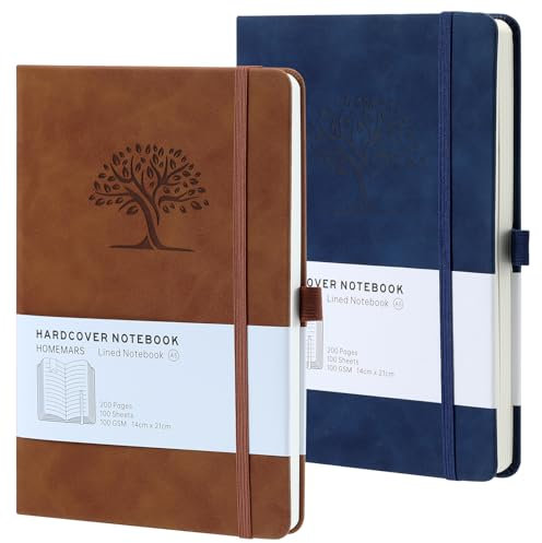 HOMEMARS Notizbuch, Notebook, A5, Journal buch, Reisetagebuch, Liniert A5, Notizblock, Notizbücher A5, 100GSM, 200Pages, 2 Stück, Reisetagebuch, Notizbuch Leder, Prägebaum Design,Braun Blau