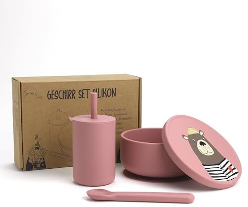 So&So Silikon Geschirr Set für Babys, hochwertiges BLW Baby Geschirrset mit Saugnapf, Deckel, Becher und Löffel – rutschfest und mikrowellengeeignet| Perfekt für Babys & Kleinkinder(Pink)