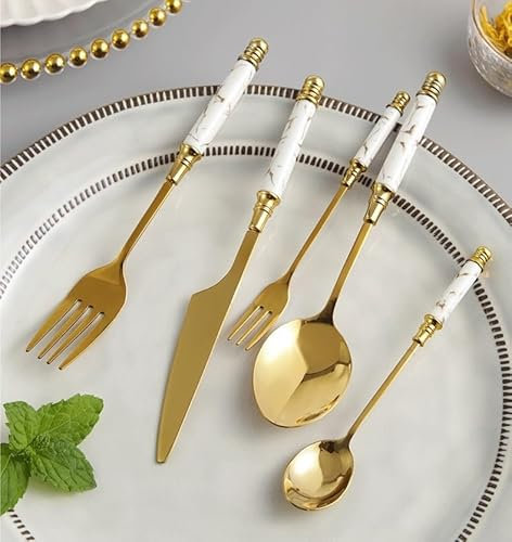 GLJTUO Cutlery Set 5 Pieces Dinner Forks Marble-Grained Silverware Set Ceramic Handle Flatware Set Stainless Steel Knife Fork Spoon,White-5 Pcs