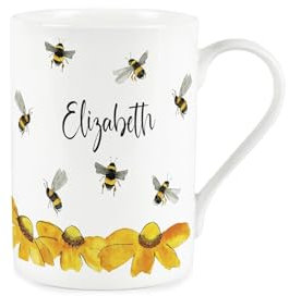 Purely Home Personalised Bees & Flowers Mug - Floral Bumblebee Tea/Coffee Bone China Cup - Custom Drinkware Present/Gifts for Bee Lovers