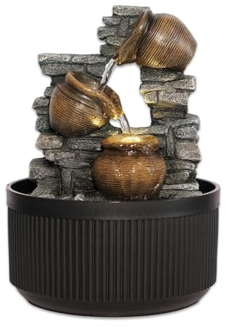Rustikaler Steinwand-Tischbrunnen mit 3 kaskadierenden Krügen, Entspannender Innen-Wasserfall für Wohnkultur, Büro und Meditationsräume, 17x17x23 cm