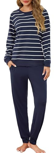 Lovasy Schlafanzug Damen Lang Baumwolle Gestreift Pyjama | Langarm Rundhals Winter Schlafanzüge für Damen mit Bündchen und Taschen