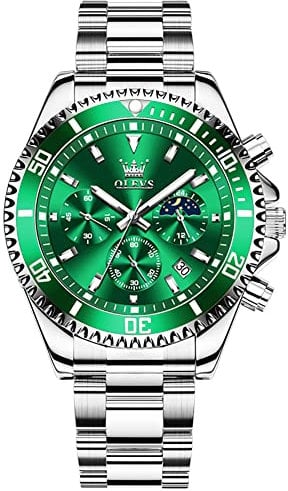 OLEVS Herrenuhr Silber Edelstahl Wasserdicht Einfachheit Armbanduhr Chronograph mit Ddatumsanzeige Buisness Grün Herren Kleid Uhr Großes Gesicht Leuchtend Klassisches Analog Quarz Uhr Herren
