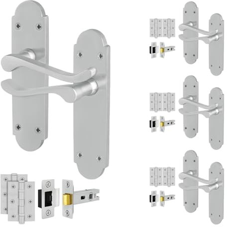 EAI Satin Chrome Door Handles with Latch 64mm and Hinges, 4 Pack | Complete Latch Kit with 4 Pairs of Victorian Scroll Lever on Backplate Door Handles, 64mm Latches, Hinges, Fixings Included