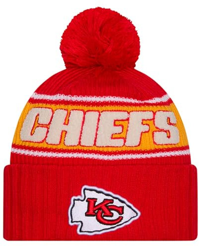 New Era Unisex-Erwachsene NFL Official Sideline Team Logo Sherpa Striped Pom Beanie Cold Weather Knit Hat, Kansas City Chiefs - Rot, Einheitsgr��e