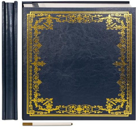 Vienrose Großes Selbstklebendes Fotoalbum Kunstleder Fotoalbum zum Selbstgestalten 32,5x33,5 cm Vintage Bedrucktes Erinnerungsalbum DIY 60 Seiten mit Metallic Stift, Marineblau