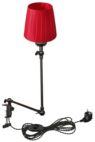 FSLiving Klemmleuchte Einstellbar,Leselampe mit 2,5 m Kabel und Rot Stoff-Lampenschirm, Dimmbar Nachttischlampe,Augenpflege Schreibtischlampe für Büro Heimgebrauch, E27 Lampenhalterung