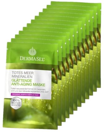 DermaSel® Glättende Anti-Age Maske | Totes Meer | 12x 12 ml | Q10 Gesichtspflege für reife, feuchtigkeitsarme Haut, mildert Fältchen sichtbar, Sparpaket, dermatologisch geprüft
