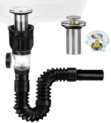 YYTECH Kit de Bonde de Lavabo avec Tuyau de Vidange Flexible Rétractable, Bouchon Pop-Up Anti-Odeurs et Anti-Insectes, Siphon Lavabo Universel pour Évier de Cuisine et Salle de Bain