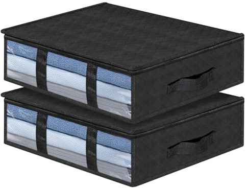 AiQInu Cajas Almacenaje Ropa, 2 Set Plegables Bajo Cama Bolsas para Guardar Ropa con Cremallera Ventana Transparente, Cama Organizador Armario para Ropa Mantas Edredones 60 x 45 x 15cm