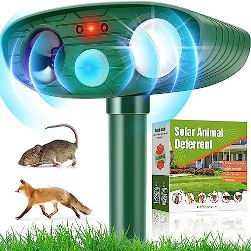 HKFOEJJM Cat Repellent Garden Ultrasonic Fox Repellant Cat Deterrent Pet Animal Deterants Solar Powered & Waterproof Flashing Light Outdoor Farm Yard, Effective for Cats, Dogs, Foxes, Birds