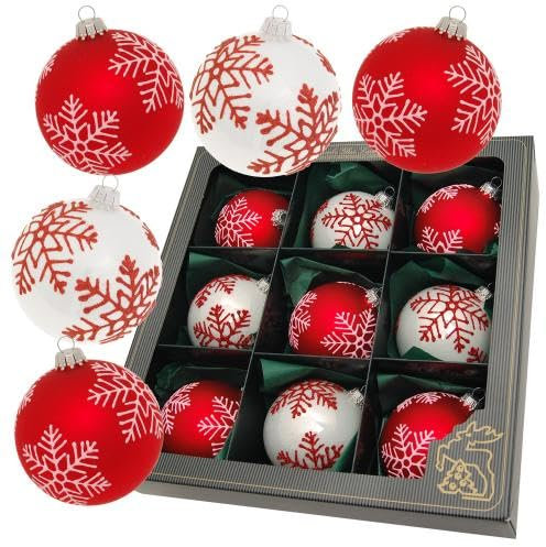 Krebs Glas Lauscha - Weihnachtsdekoration/Christbaumschmuck aus Glas - Weihnachtskugeln - Motiv: Schneeflocken Rot/Weiß - 9 Stück - Größe: ca. 8 cm