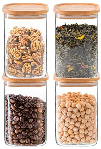 Argon Tableware Square Glass Storage Jars with Airtight Wooden Lids - 1100ml - 4 Pack - Modern Kitchen Container Preserving Jars for Pickling, Chutney, Jam, Coffee, Olives, Sugar, Spices