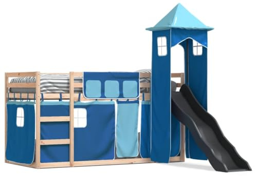 Eleganz Etagenbett mit Rutsche und Gardinen für Kinder – Blaues Hochbett 90x200 cm mit Spielrutsche & Verkleidung – Platzsparendes Kinderbett für kleine Räume