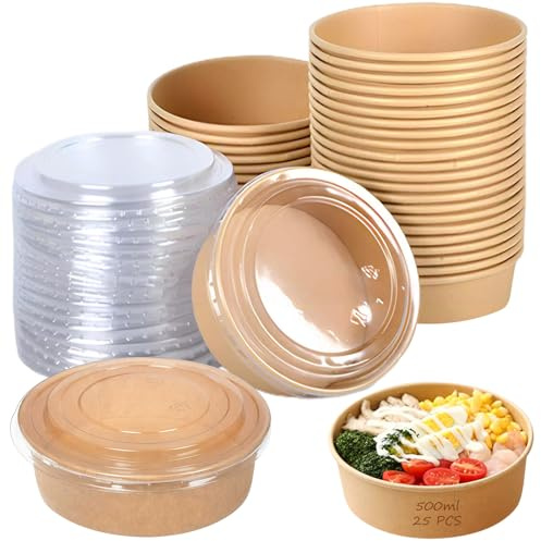 AXVRAV 25 cuencos de ensalada Kraft con tapa de 500 ml, ecológicos, ensaladeras, papel kraft para ensalada, caja de cartón para ensaladas, aperitivos, sopas, cereales, caja redonda de papel duro para