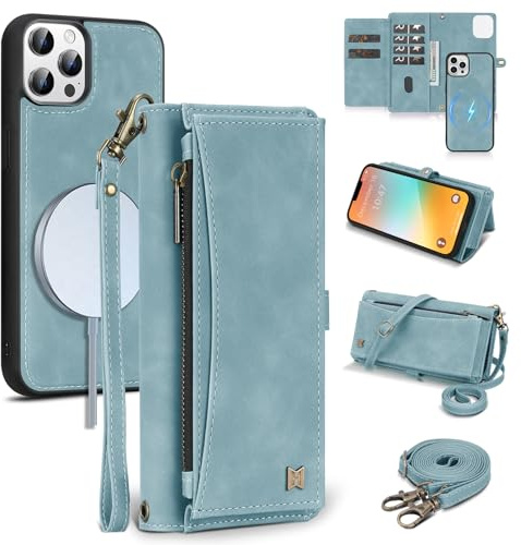 BLISLIAR Wallet Case for iPhone 13 Pro,RFID Blocking,Crossbody,Blue | 8 Card Slots|Magnetic|Kickstand|Detachable|Compatible with Magsafe|Magnetic Snap|PU Leather Phone Case for iPhone 13 Pro