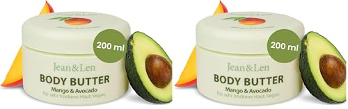 Jean & Len Exotische Body Butter Mango & Avocado, pflegt trockene bis sehr trockene Haut intensiv, pH-hautideal, mit exotischem Mango-Duft, Körperbutter, ohne Parabene & Silikone, 200 ml