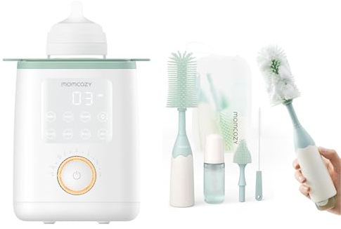 Momcozy Nutri-Flaschenwärmer Baby mit präziser Temperaturkontrolle & Nachtlicht & Baby Flaschenbürste Set mit Druck-Schaumtechnologie | Silikon Flaschenbürste für Babyflaschen
