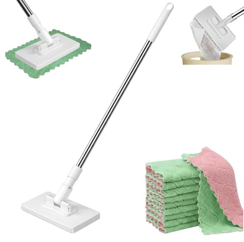Lazy Mop Clip On, Lazy Mop with 10 Reusable Cloths, Snap Grip Mini with 360° Rotating Head, Snap Grip Mini for Floor Wall Kitchen Floor Bathroom Kitchen Wall, Wet & Dry